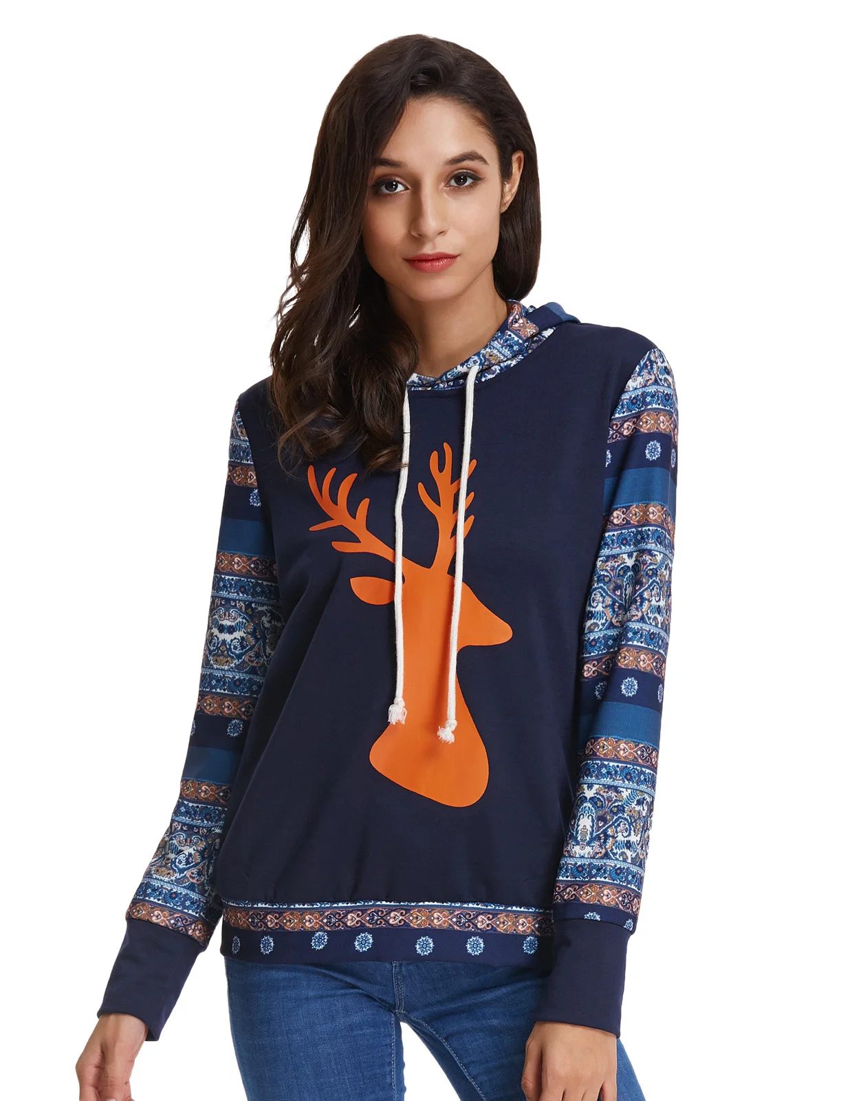 Women's Casual Floral Pattern Long Sleeve Hooded Christmas