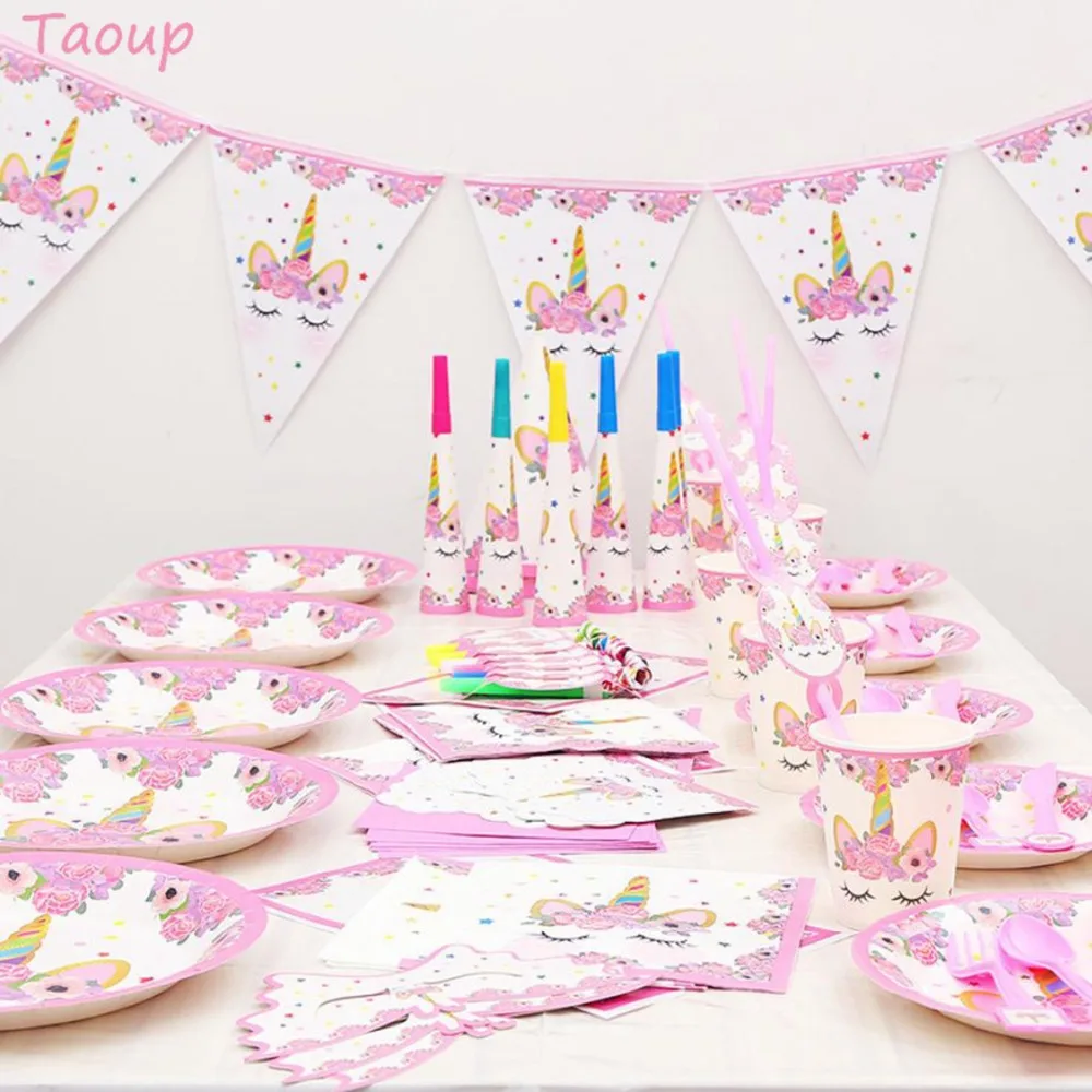 

Taoup 1set Unicorn Plates Tablecloth Cup Hat Napkins Unicorn Party Disposable Party Tableware Birthday Festive Party Supplies