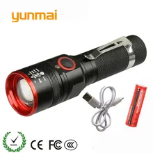 Yunmai lanterna recarregável usb t6 led, com zoom, 3 modos, para 18650, com cabo usb, para acampamento, pesca, corrida