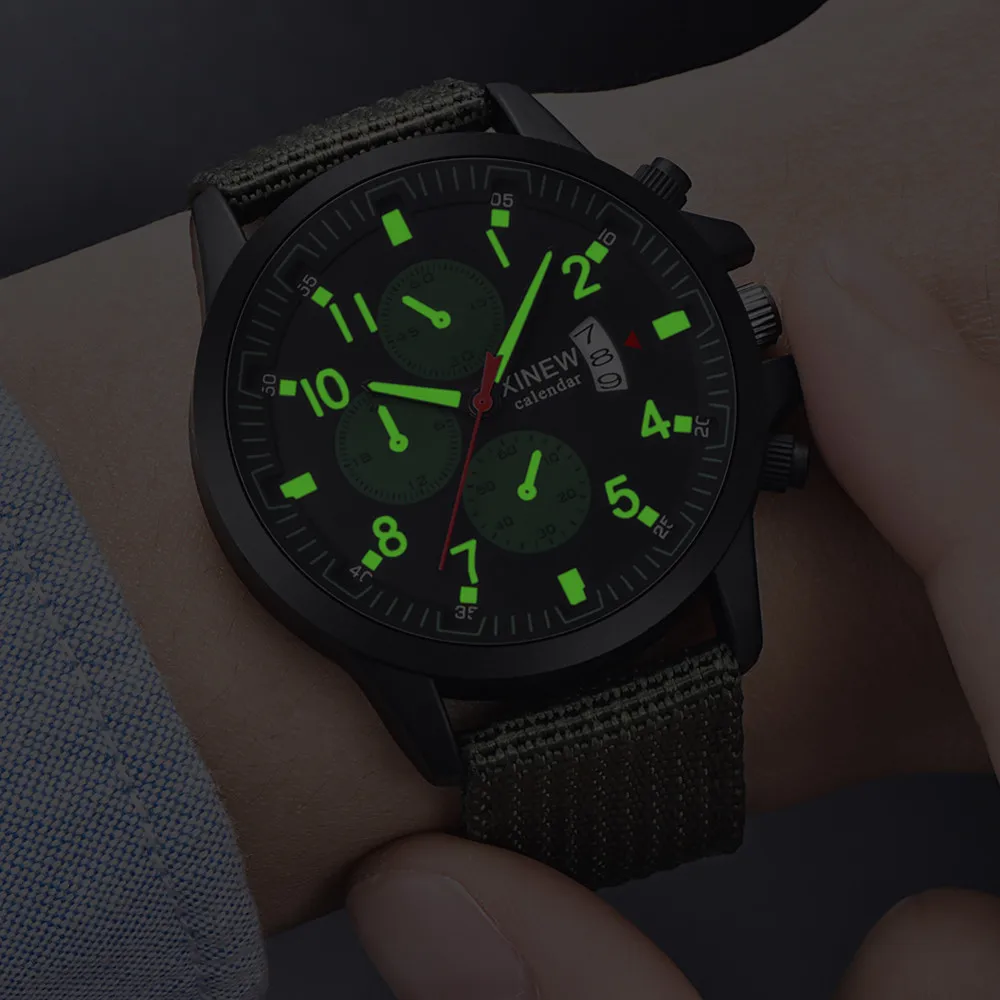 Reloj Hombre XINEW мужские часы, светящиеся спортивные наручные часы, мужские Модные нейлоновые военные часы, часы с календарем, Relogio Masculino