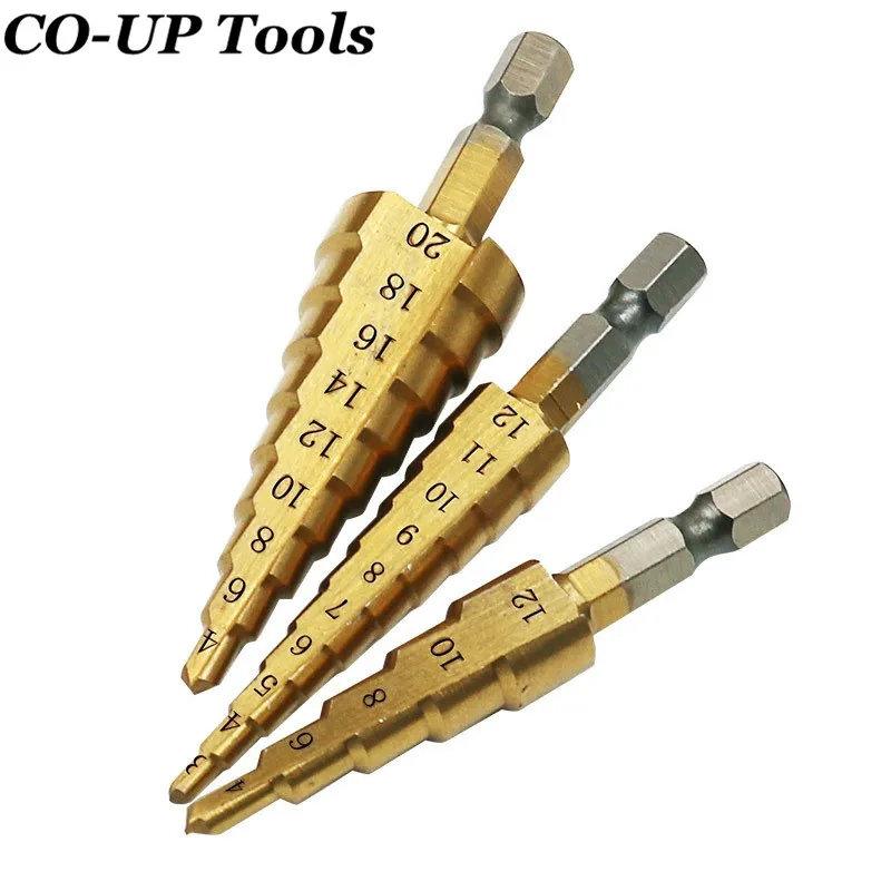 

3pcs HSS Titanium Coated Step Drill Bit for Metal 3-12mm 4-12mm 4-20mm High Speed Steel Wood Drilling Power Tools
