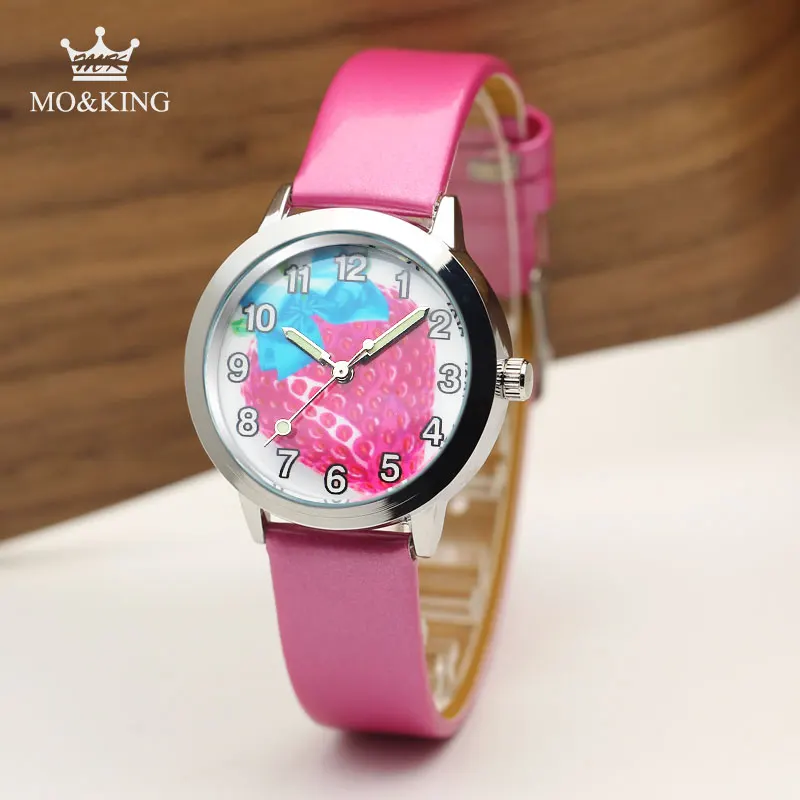 Клубника простые студенческие Часы повседневные кожаные светящиеся часы для мальчиков милые Клубничные ювелирные изделия для девочек браслет часы для девочек relogio - Цвет: Розовый