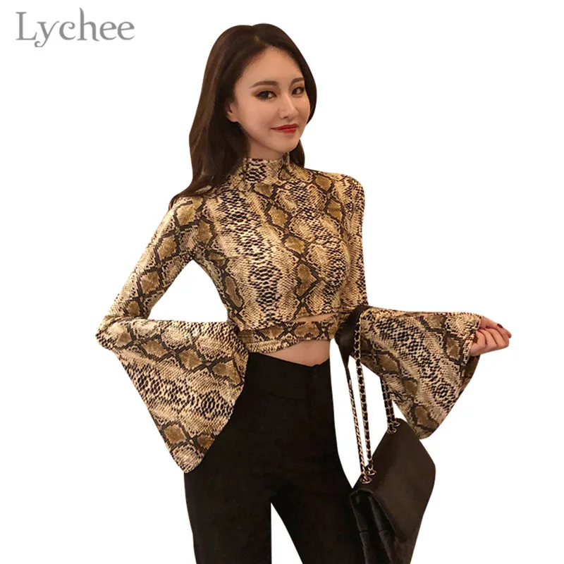 Lychee Streetwear Snakeskin Cross Lace Up Flare Sleeve Women T shirt Crop Top Mock Neck Snake