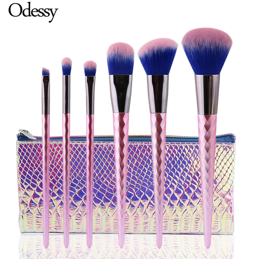 

ODESSY 6PCS High Quality Unicorn diamond Makeup Brushes Set Pink color Facial Foundation Cosmetic Make up Brush Kit with Bag
