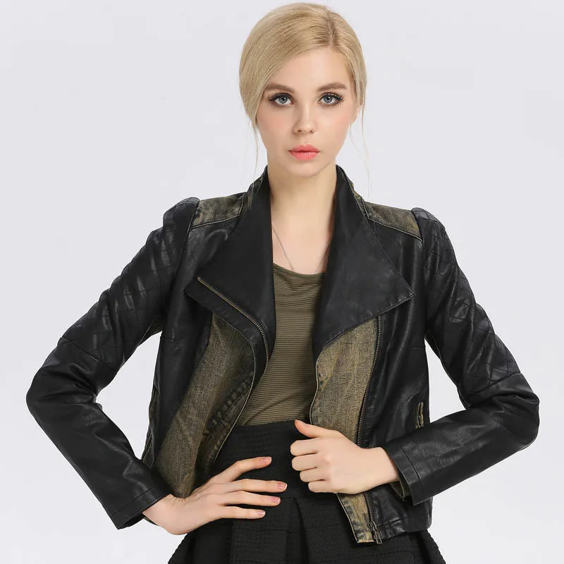Spring Autumn Denim Patchwork Women Zipper PU Leather Jacket Black Motorcycle Tops Jacket High Quality Slim Fashion Outwear