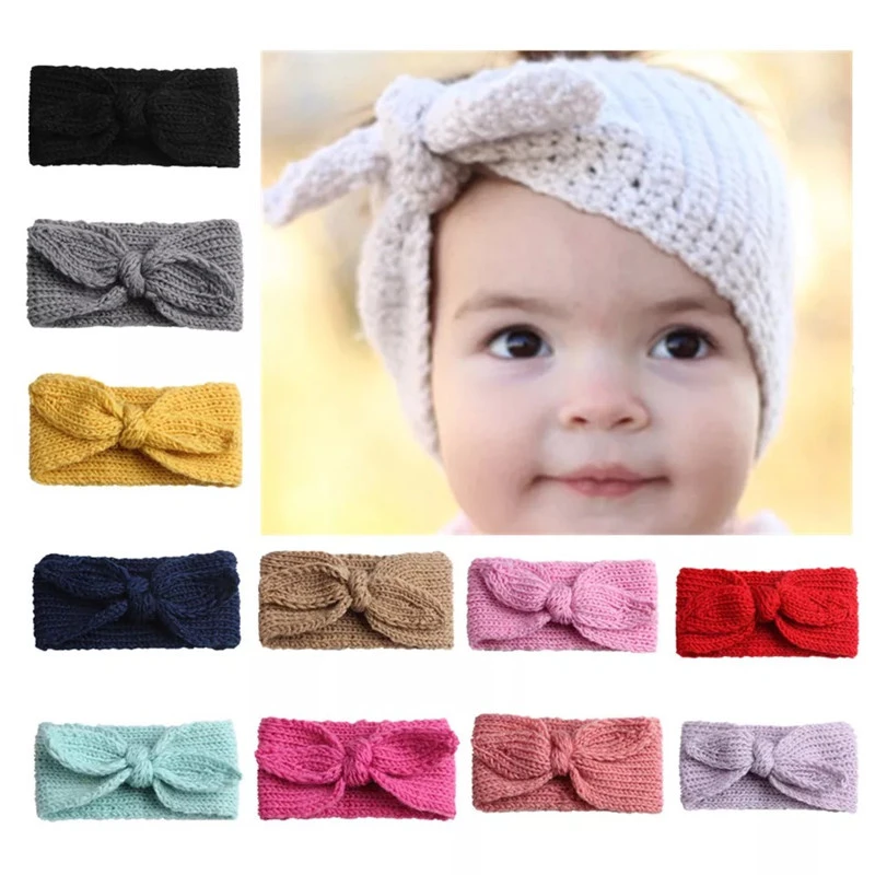 Baby Girls Solid Knit Crochet Bow Headband Fashion Hairband Winter Warm Headwear 