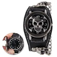  Men Black Punk Rock Chain Skull Faux Leather Bracelet Cuff Gothic Wrist Watch 