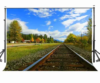 

7x5ft Backdrop Empty Railroad Tracks Backdrop Green Trees and Grasses Photography Background Studio Props