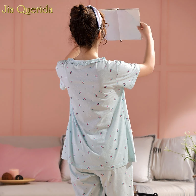 Пижама Для женщин хлопка Pjs Для женщин домашняя одежда костюм с короткими рукавами Летний Для женщин пижамы набор плюс Размеры цветочный пижама с принтом Для женщин