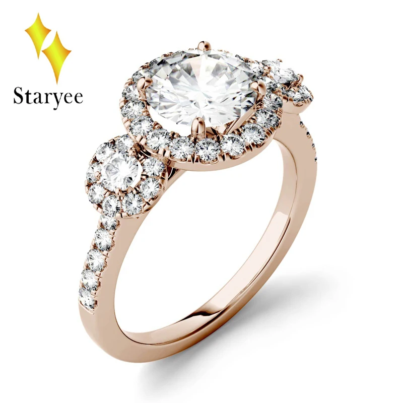 Сертифицированный муассанит обручальное кольцо 1.5ct круглый роскошный Moissanite искусственный бриллиант три камня Halo Кольцо в 14 к розовое золото
