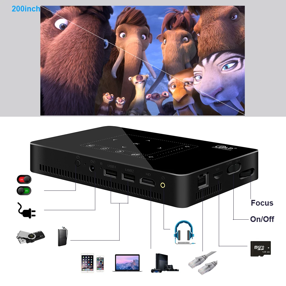 Мини проектор WZATCO P10 на Android 2 ГБ 16 Wi Fi Bluetooth с аккумулятором поддержка 1080P 4K