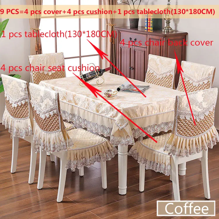 Coffee 9pcs Европейский кружевной пылезащитный комплект скатертей с вышивкой для банкета, прямоугольной формы, для украшения дома, для обеденного стола, чехол на спинку стула, подушка для сиденья - Цвет: Coffee 9pcs