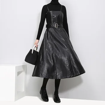 

Johnature PU Dress Women Fashion Cloths 2020 Spring New A-Line Belt High Street Women Black Dresses