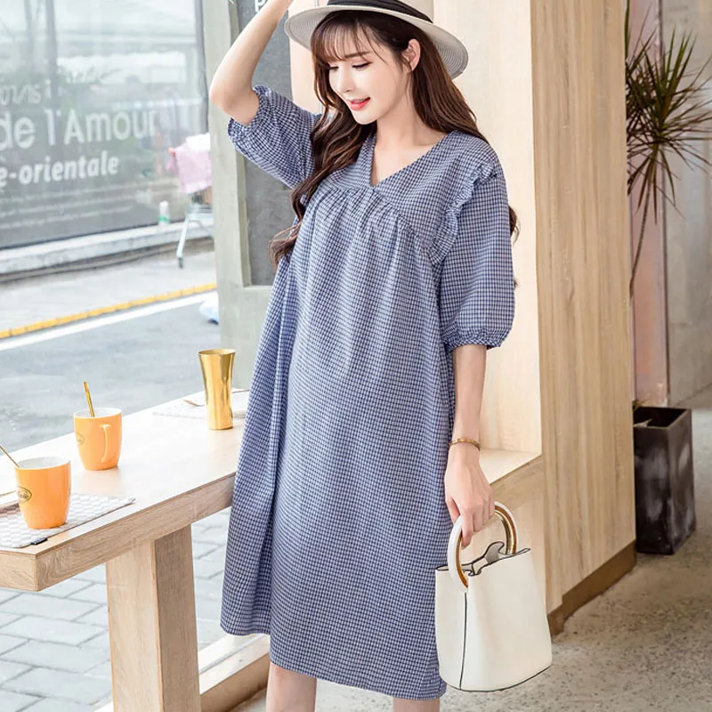 

V-neck Plaid Maternity Dresses For Pregnant Women Dresses Clothes Short Sleeve Dress Pregnancy Maternity Vestidos Mother Wear