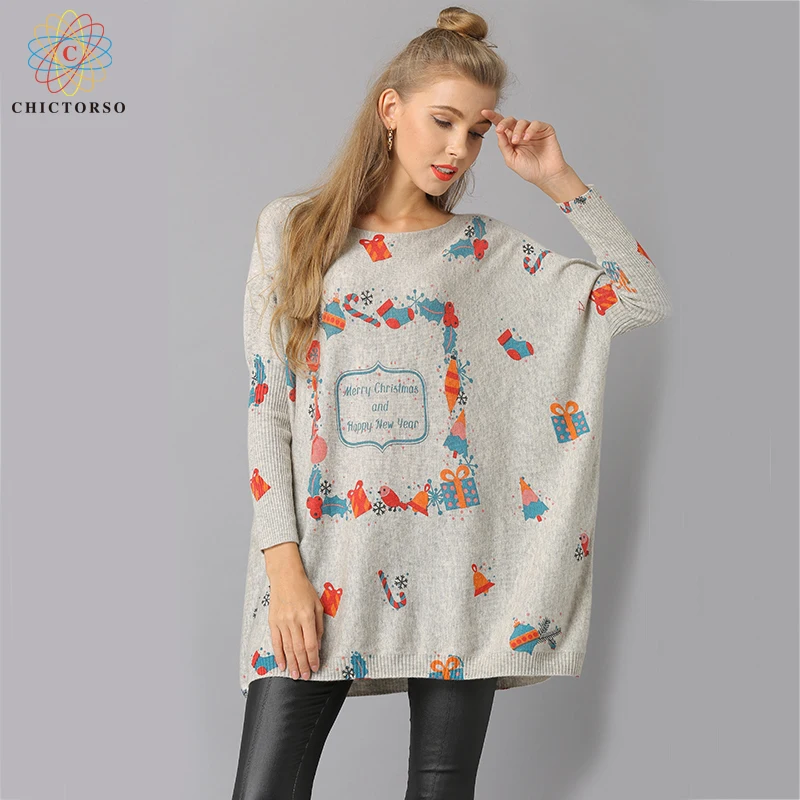 

Chictorso New Year Gift Women Christmas Sweater Dress Casual Girl Slouchy Long Sleeve Print Sweaters Pullover Loose Fit Jumpers