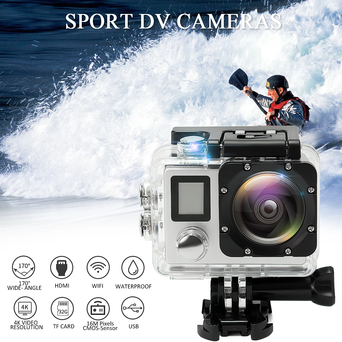 

4K WiFi Sports DV Action Camera+Remote Control Ultra HD 2.0 Dual Screen 170 16 Mega Pixels CMOS-Sensor Silver Black Waterproof