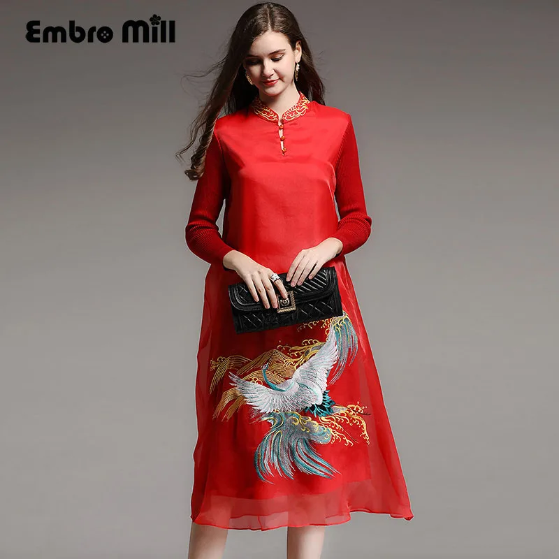 

High-end Autumn winter Qipao Chinese style vintage embroidery Crane black/red elegant lady loose knitted organza dress S-XXL