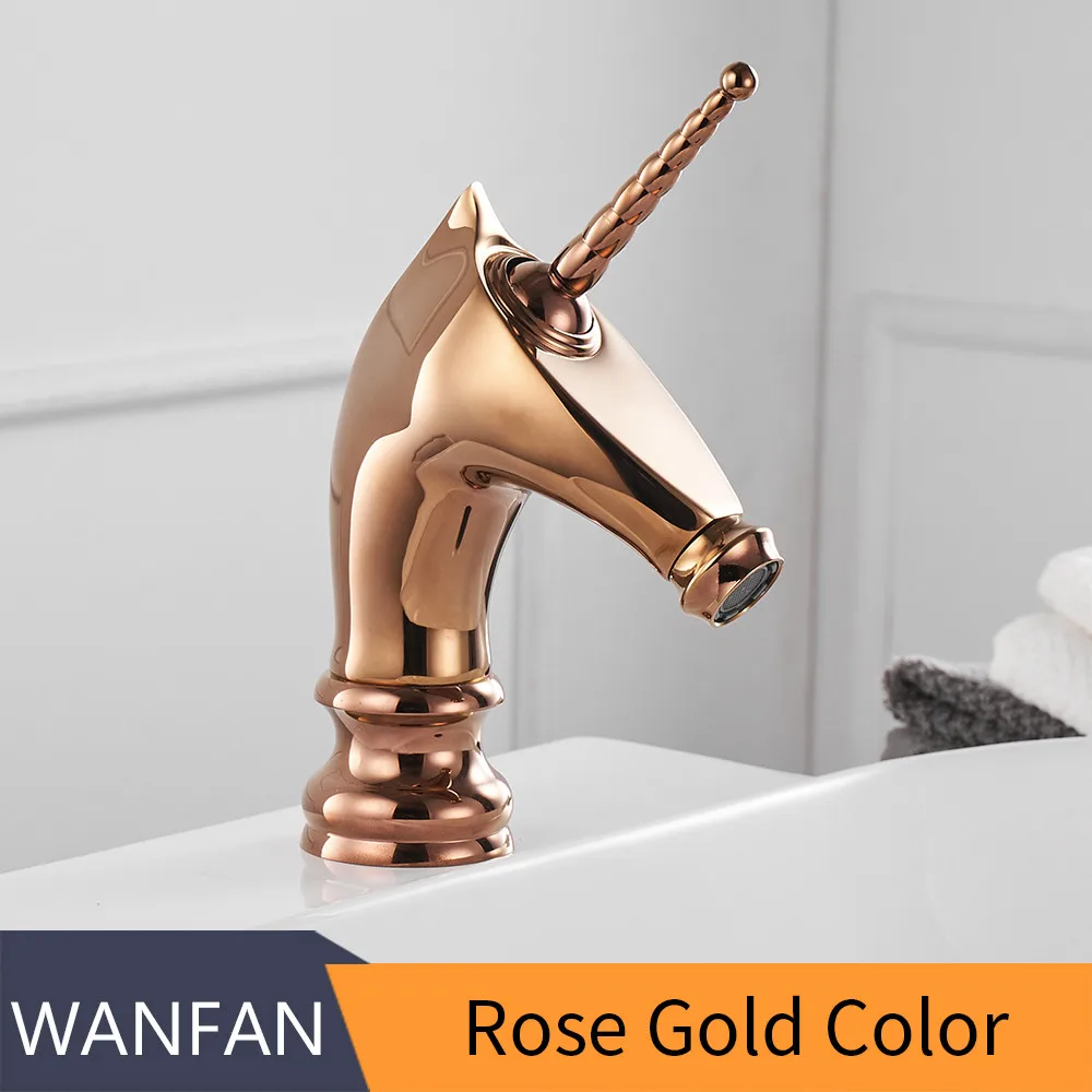 Смеситель для раковины, уникальный модный кран для ванной комнаты с лошадиной головкой, золотой Латунный бортике, одинарная длинная ручка, смеситель для туалета 855753 - Цвет: Rose Gold
