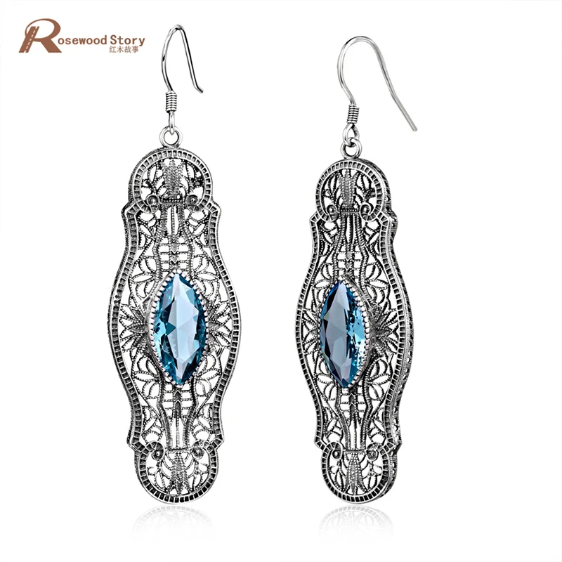 

Fashion Solid 925 Sterling Silver Vintage Handmade Earrings Blue Rhinestone Crystal Drop Long Earrings for Women Wedding Party