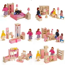 6 rooms children whole set wood pink furniture doll house toys/ Kids girls birthday gifts of wooden kitchen bathroom bedroom toy