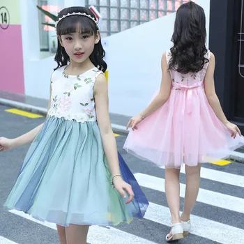 dress girl Girls 2019 new mesh dress summer dress embroidery princess dress mesh vest skirt children dress