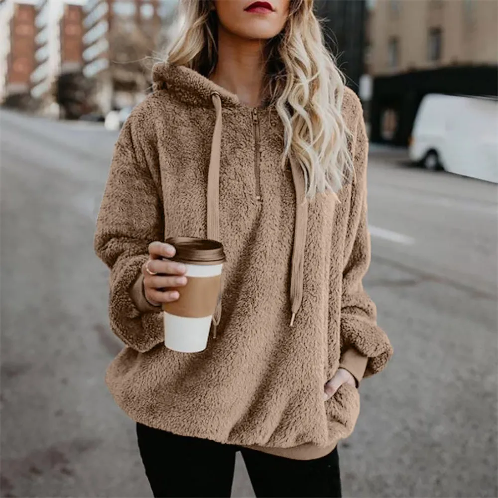Women Winter Fluffy Plush Hooded Sweatshirt Coat Soft Warm Wool Zipper