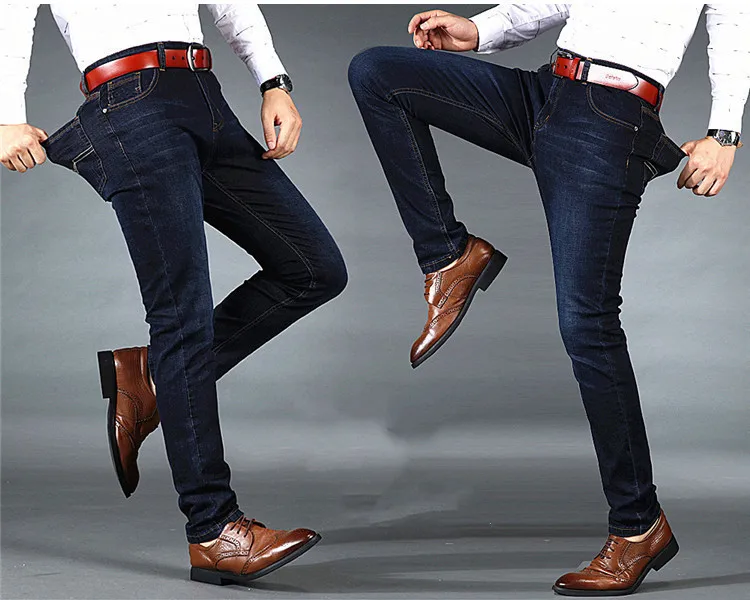 Новые мужские Модные джинсы, деловые повседневные Стрейчевые узкие джинсы, мужские Весенние Новые Стрейчевые прямые деловые мужские осенние джинсы