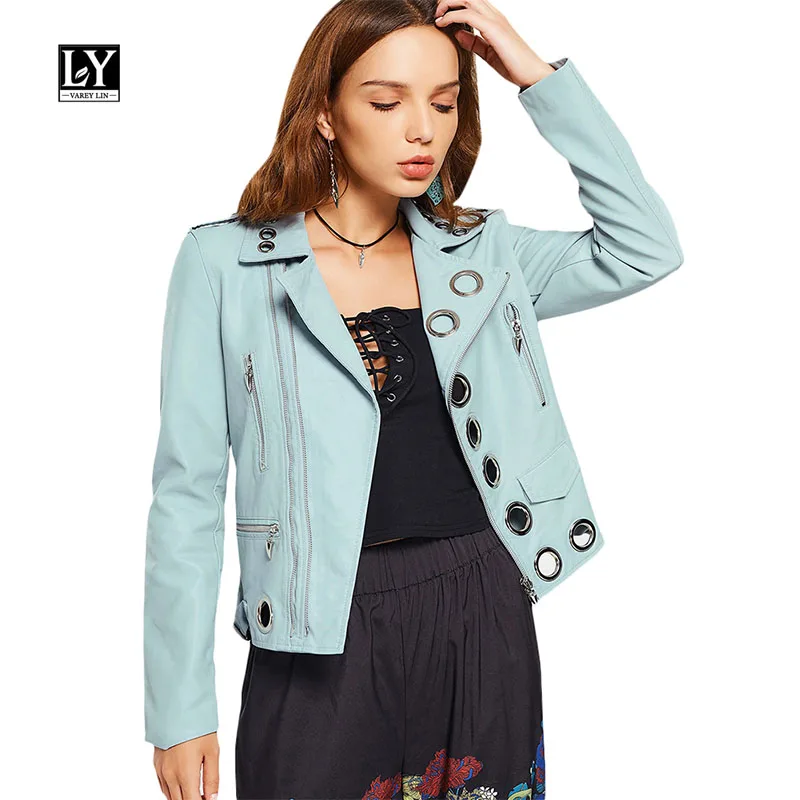 

Ly Varey Lin Women Punk Leather Jacket Soft Pu Pink Faux Leather Jacket Bomber Coats Rock Motorcycle Lady Jacket Light Blue