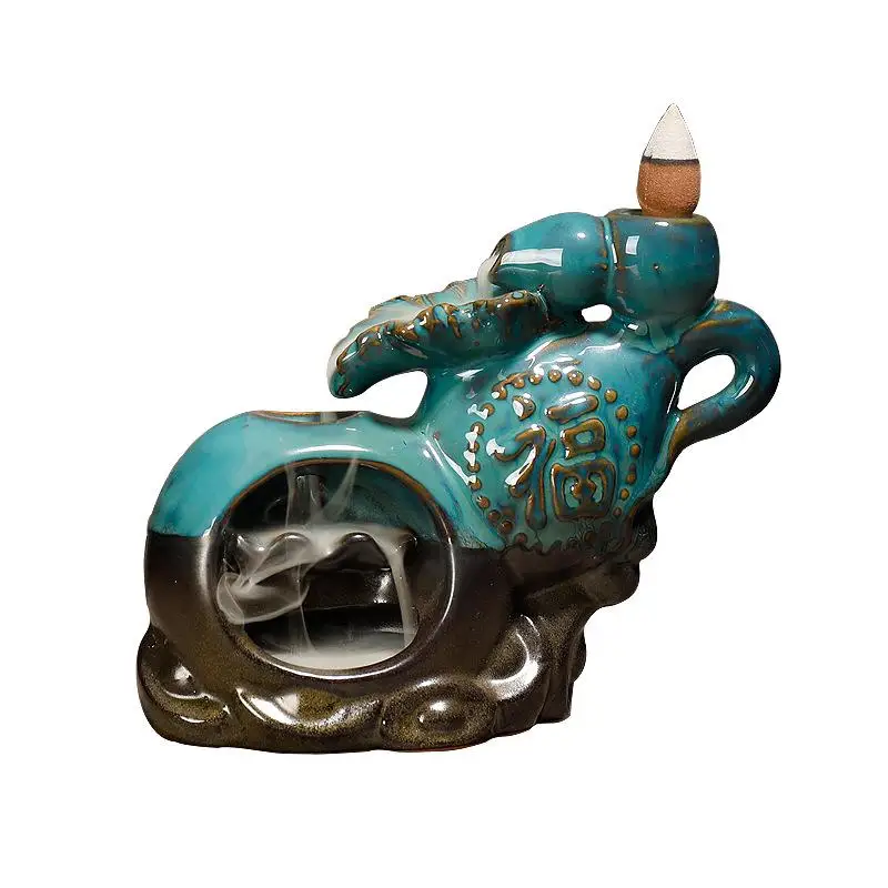

Ceramic Chinese Style Smoke Waterfall Incense Burner Traditional Blue Teapot Shape Backlflow Incense Holder Office Home Decor