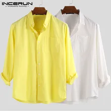 INCERUN/брендовая хлопковая рубашка с длинными рукавами для мужчин, дышащие однотонные топы с отворотом, уличная деловая рубашка для мужчин Camisa Masculina