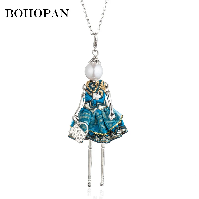 

Pearl Doll Pendant Necklace Women embroidery Flower Dress Silver Color Alloy Figure Necklaces Fashion Jewelry Long Chain Collier