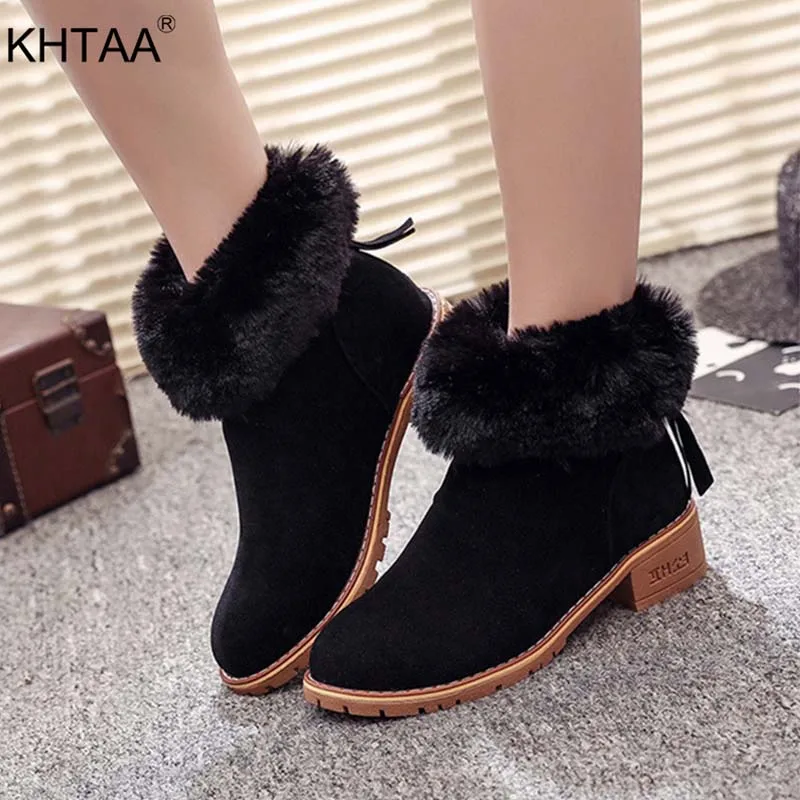 

KHTAA Women Thick Heel Winter Ankle Snow Boots 2018 New Ladies Zip Warm Plush Fur Low Heels Female Sewing Fashion Shoes