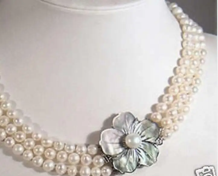 

3 Rows 7-8mm White Pearl Necklace Shell Clasp