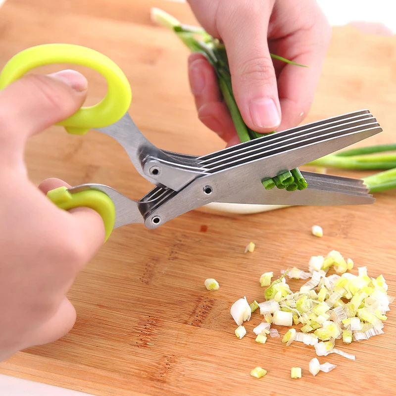 

Multi-functional Stainless Steel 5 Layer Kitchen Knife Scissor Shredded Chopped Scallion Cutter Herb Laver Spices Cook Tool Cut