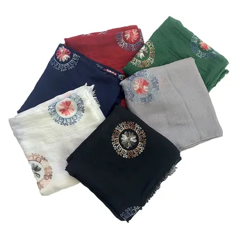 

20 pcs/lot Women Round Embroidery Scarf Cotton Long Fashion Luxury Brand Scarves &Shawls Girls Designer Pashmina Scarf Black