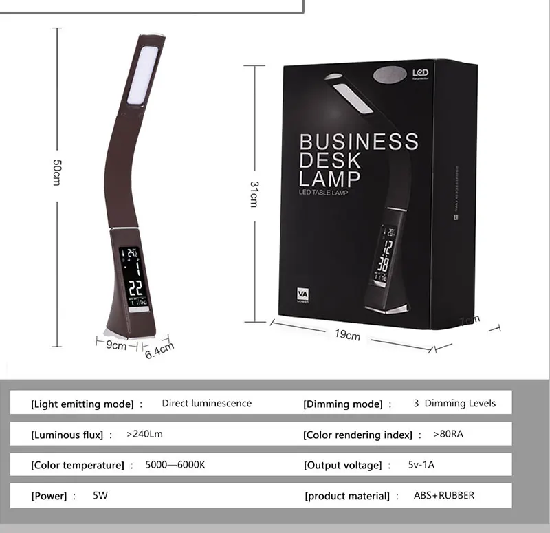 Woodpow элегантный кожаный текстурный офисный светодиодный настольный светильник с затемнением настольные лампы с ЖК-дисплеем будильник/календарь для работы и учебы