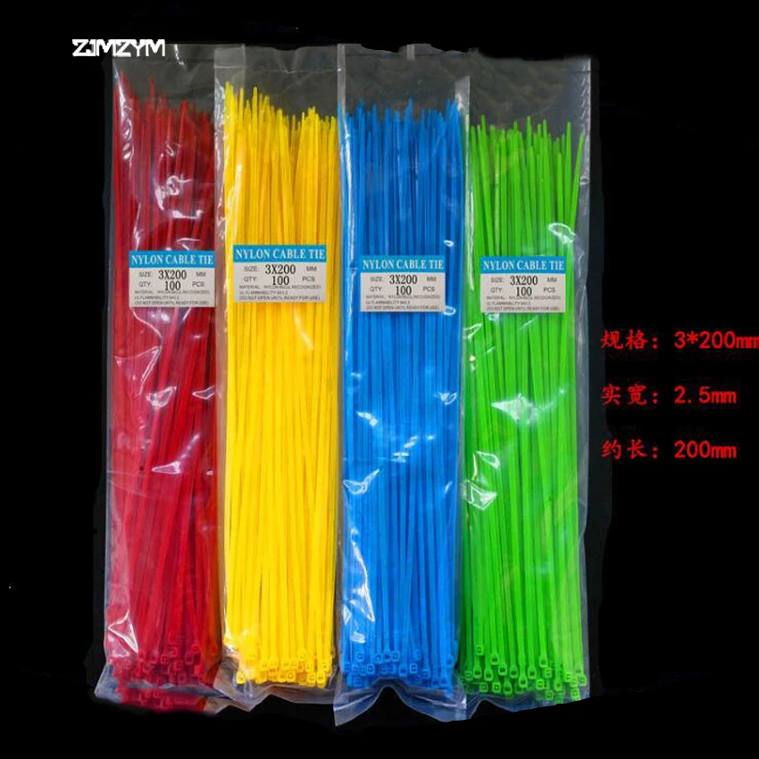 

Hot selling 100PCS/bag 3*200mm width 2.5mm Colorful Factory Standard Self-locking Plastic Nylon 8'' Cable Ties,Wire Zip Tie