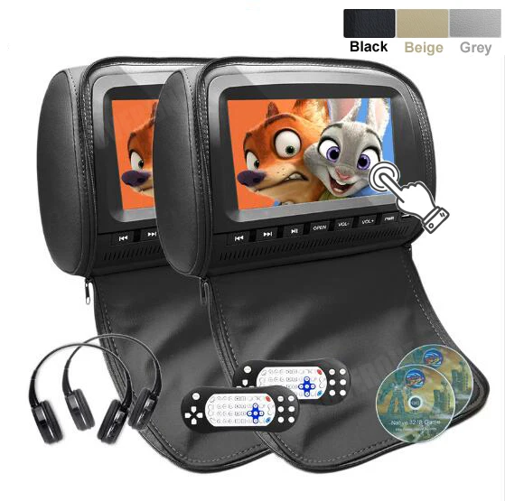 

RoverOne 2pcs X 9 inch Monitor Car Headrest DVD Player HD 1080P Video Digital Touch Screen Zipper Cover USB SD+2 IR Headphones