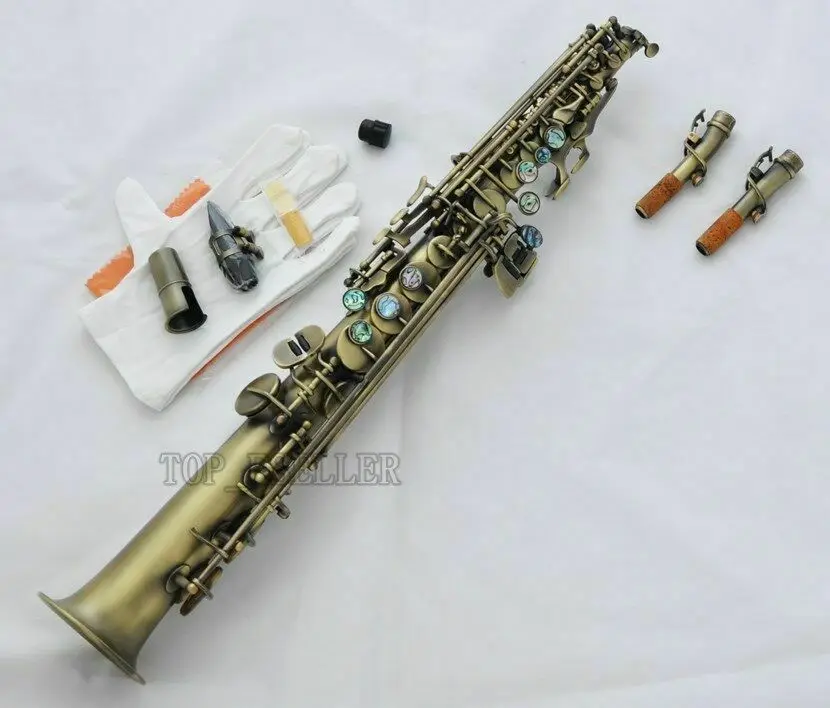 Античный прямой Саксофон сопрано Bb Sax Ablone Shell High F#, G 2 шеи