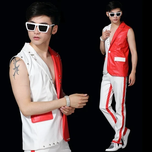 Стиль личности мужской мотоцикл заклепки красный и белый цвет блок жилет DJ DS костюм