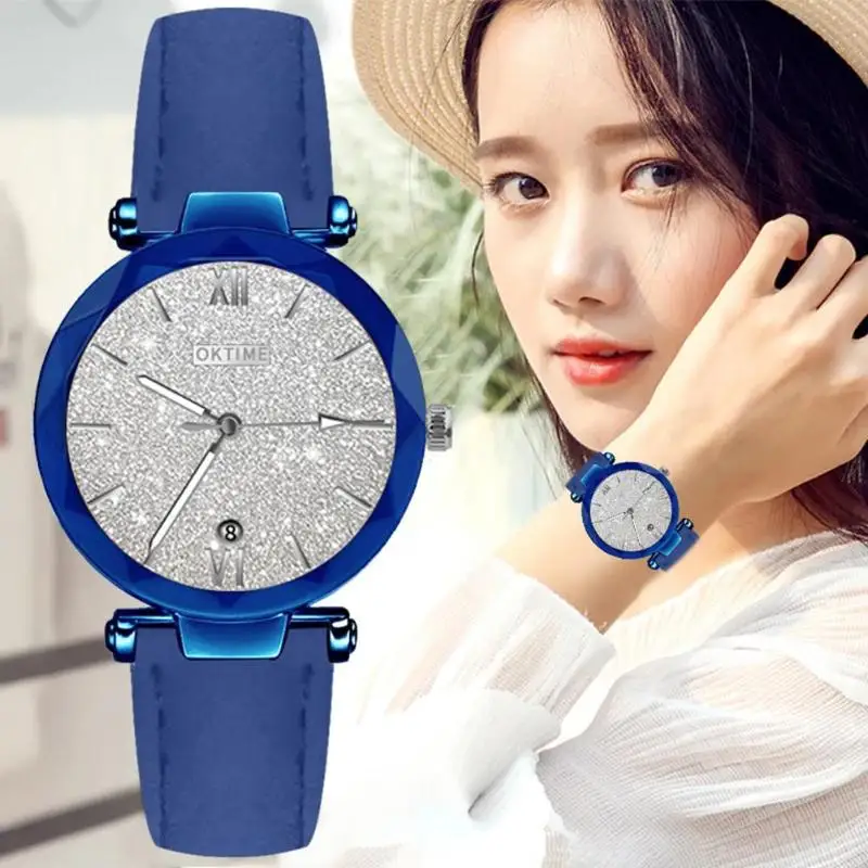 

Leather Strap Quartz Watch w/ Calendar Women Glitter Dial Analog Wristwatch