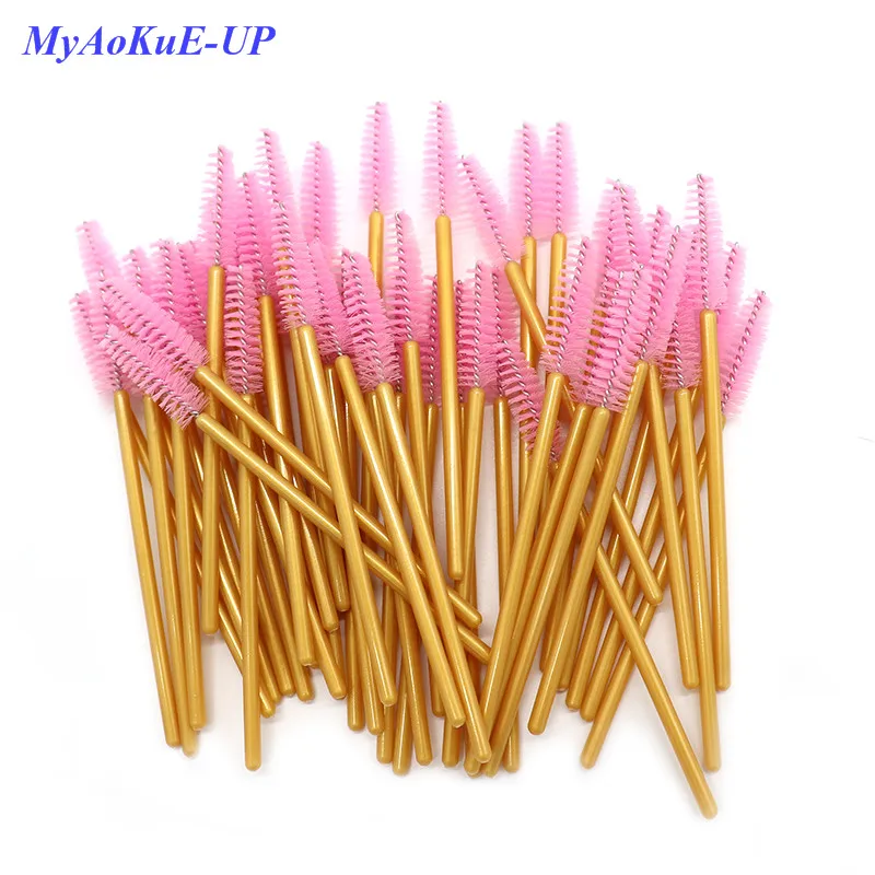 

Disposable Nylon Mascara Wands Golden Handle Pink Brushes Lashes One-off Makeup Brushes Eyelash Extension Tools 200pcs/lot