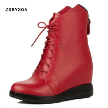 

2019 New Autumn Winter Boots Increase Within High Heel Boots Women Boots Genuine Leather Shoes Lace Elegant Fashion Martin Boots