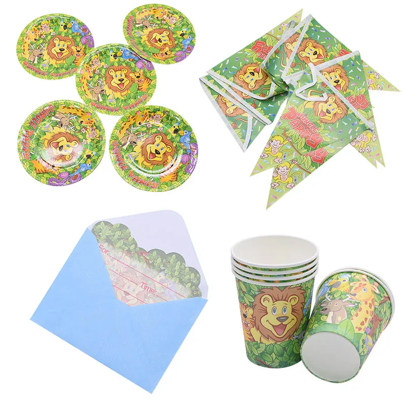 Jungle Party Green Disposable Tableware Animal Safari Birthday Party Cute Animal Decor Paper Plates Cups Tablecloth Supplies