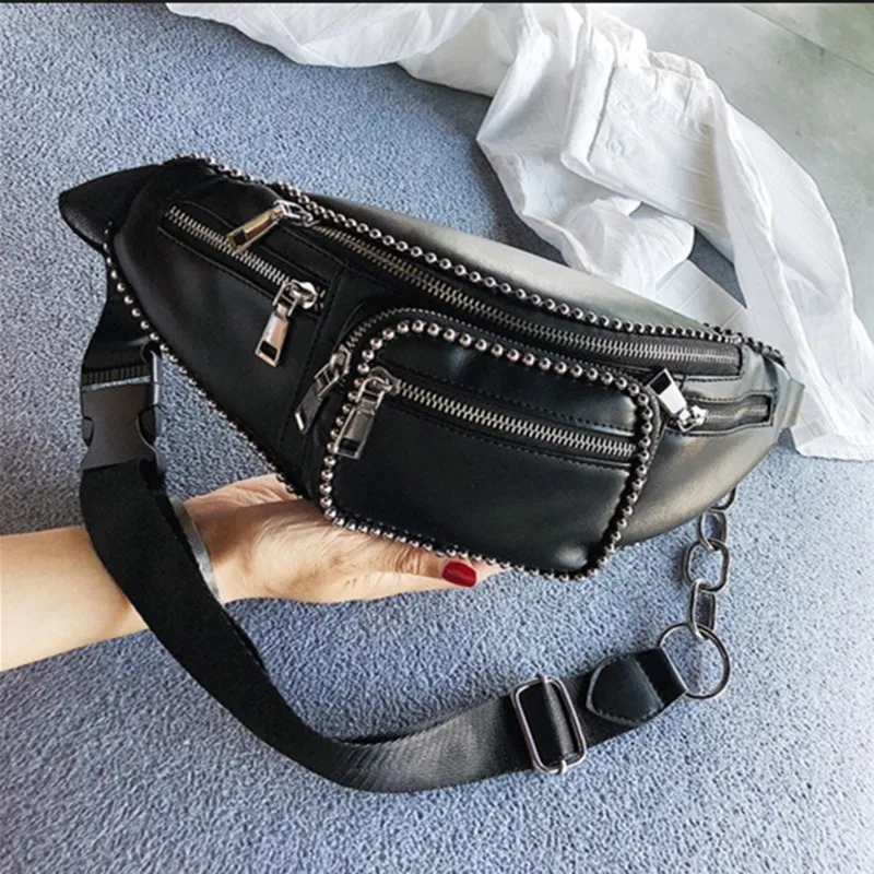 Punk Vintage Rivets Chest Bag Women Steampunk Fanny Pack Belt Black Waist Bag Moto Biker Shoulder Messenger Motorcycle Bag