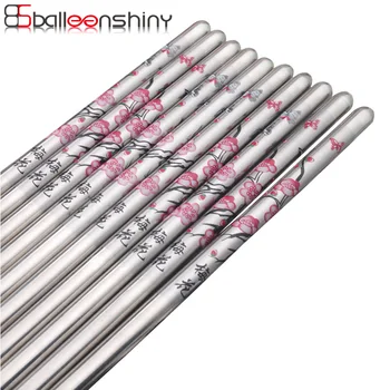 

BalleenShiny 5 Pairs Stainless Steel Plum Chopsticks Food Sticks Plum Flower Chinese Sushi Chop Stick Flatware Cutlery Tableware