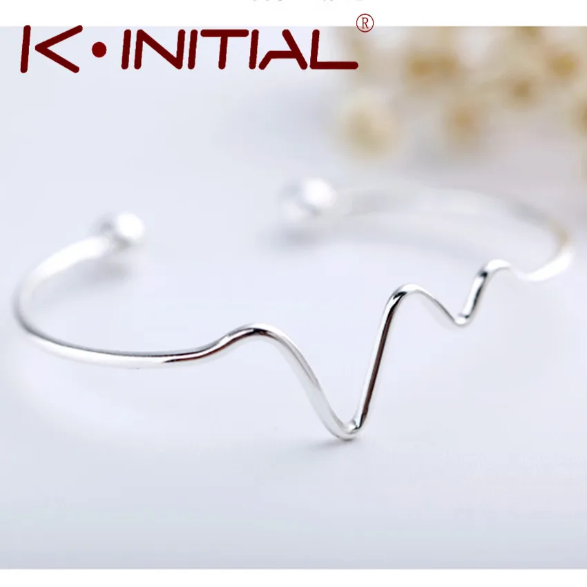 Kinitial Love ECG Heartbeat Bracelets &amp Bangles Charm Lightning Bangle Wrist Cuff for Women Fashion 925 Silver Jewelry | Украшения и