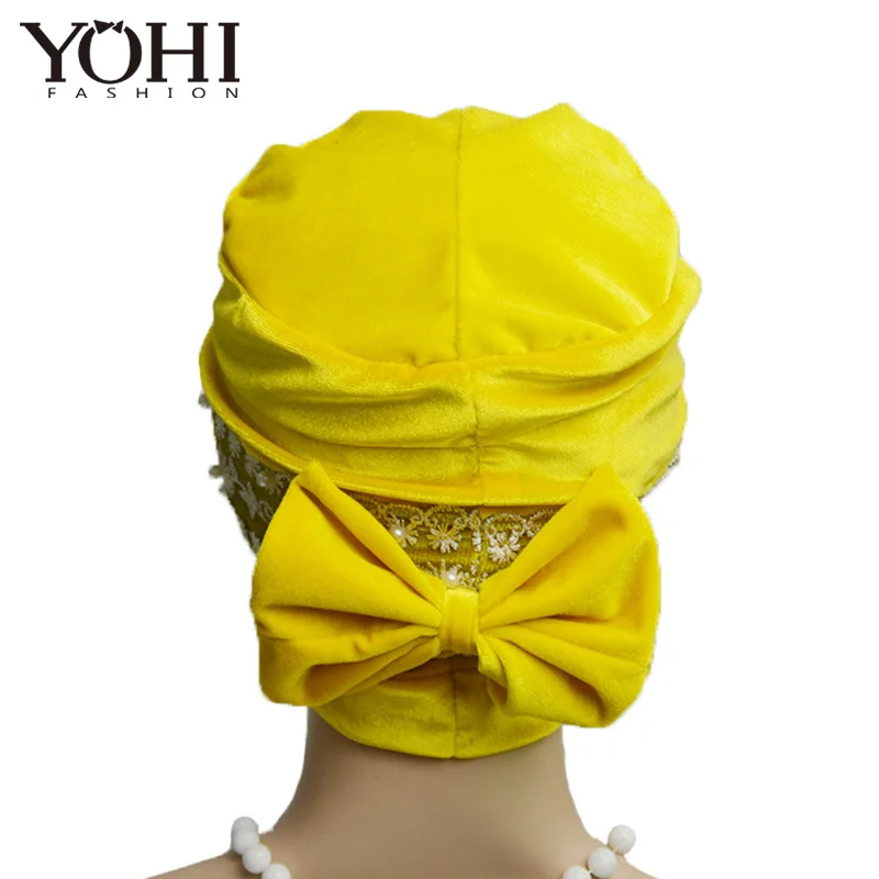 2018 New Fashion  velvet lace pearl head hat Baotou  Ladies Hat Church Cap Women Hijab turbante