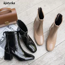 Kjstyrka 2018 тенденция новые модные плюшевые с квадратным носком женские ботинки до середины икры Яркие Кожаные Зимние на молнии женские bota feminina