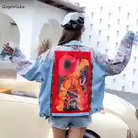 Jeans Jacket Graffiti Print Women Blue Jean Coat 2018 Autumn Denim Jacket Geometric Appliques Coats Punk Hip Hop Coat LT663S50
